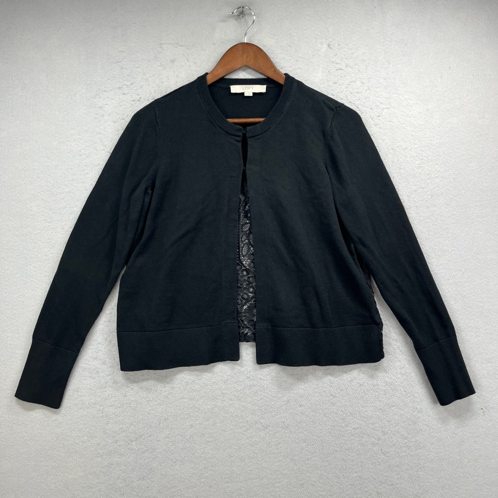 LOFT Cardigan Sweater Womens M‎ Black Lace Back Open Front Silk Blend Boho Chic